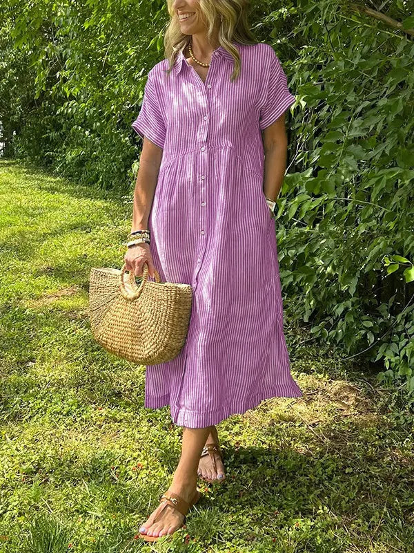 💕Classic striped collared button-down casual shirt dress