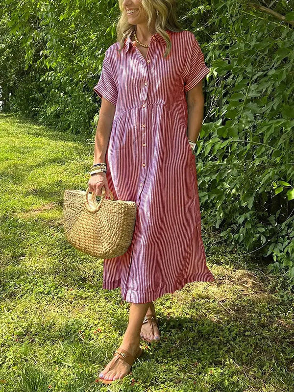 💕Classic striped collared button-down casual shirt dress