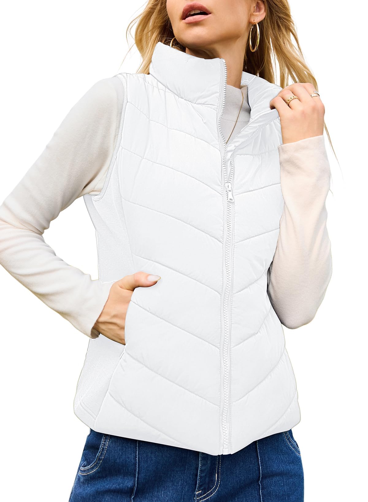 Womens Sleeveless Zip Up Outerwear Stand Collar Quilted Puffer Vest