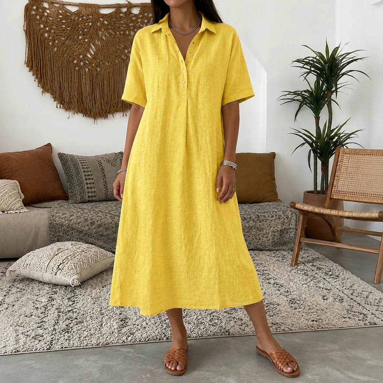 ✨✨Women's casual cotton and linen polo shirt midi dress