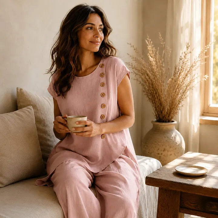 A round-neck, asymmetrical short-sleeved top and wide-leg trousers set with wooden buttons