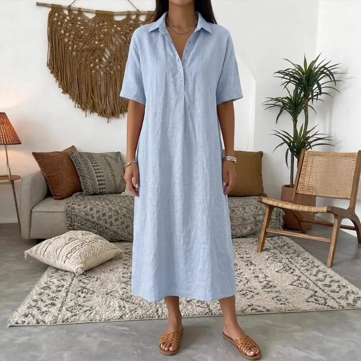 ✨✨Women's casual cotton and linen polo shirt midi dress