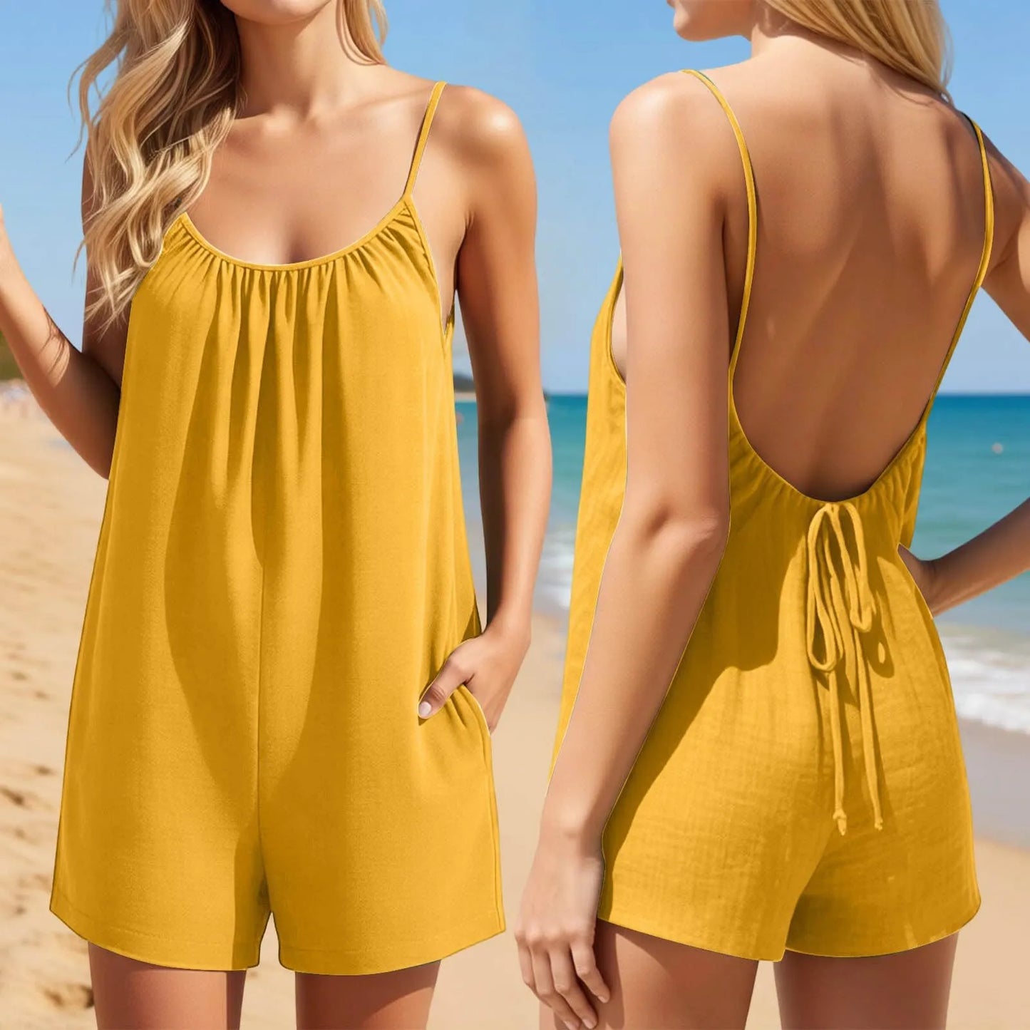Women's Linen Suspender Backless Shorts Jumpsuit