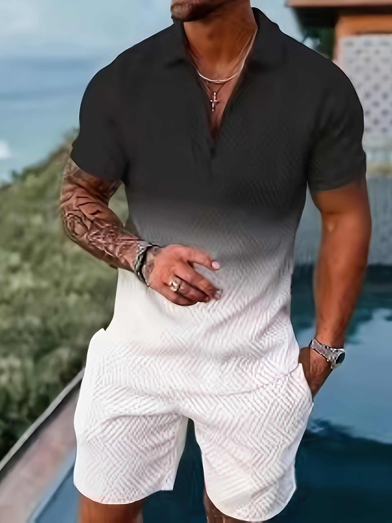 💕Summer Hot Sale -Men's casual Polo zipper lapel shirt short sleeve suit