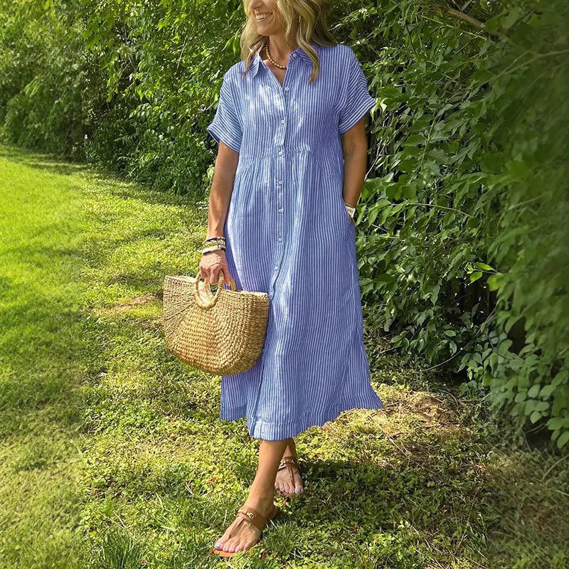 💕Classic striped collared button-down casual shirt dress