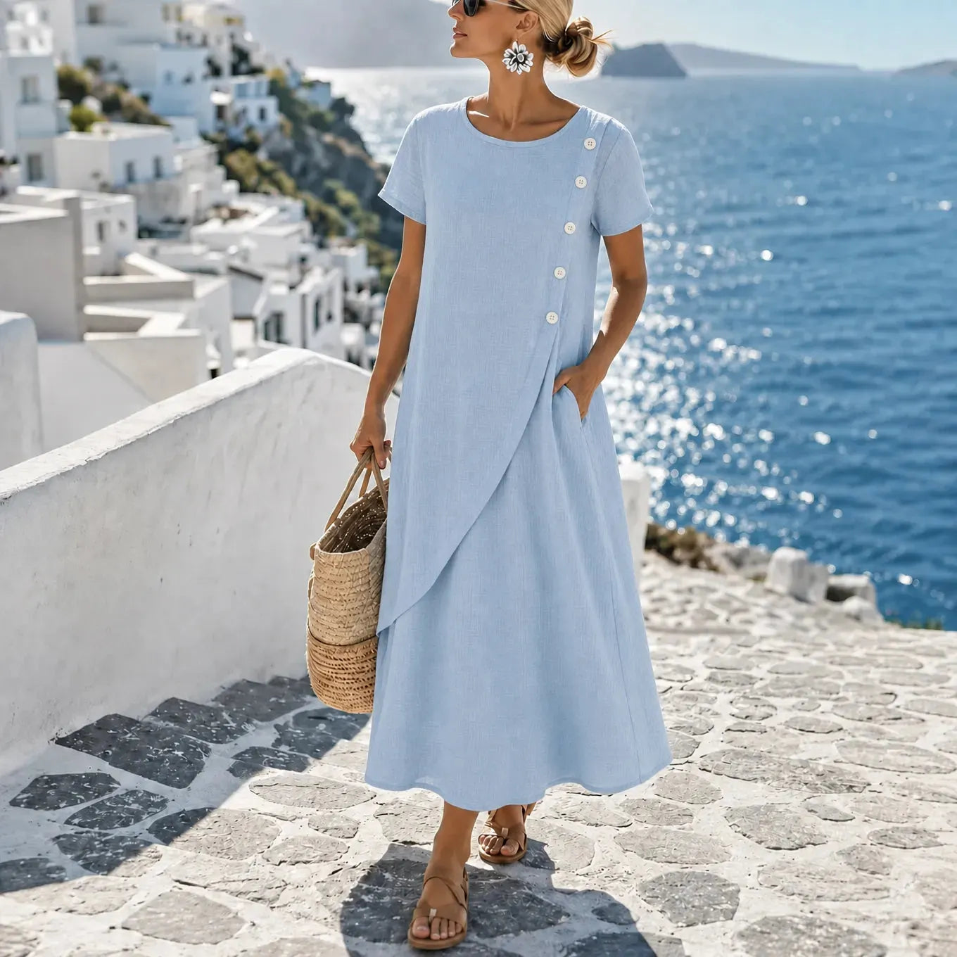 Round Neck Linen Midi Dress with Asymmetrical Buttons