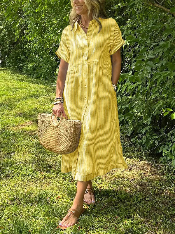 💕Classic striped collared button-down casual shirt dress