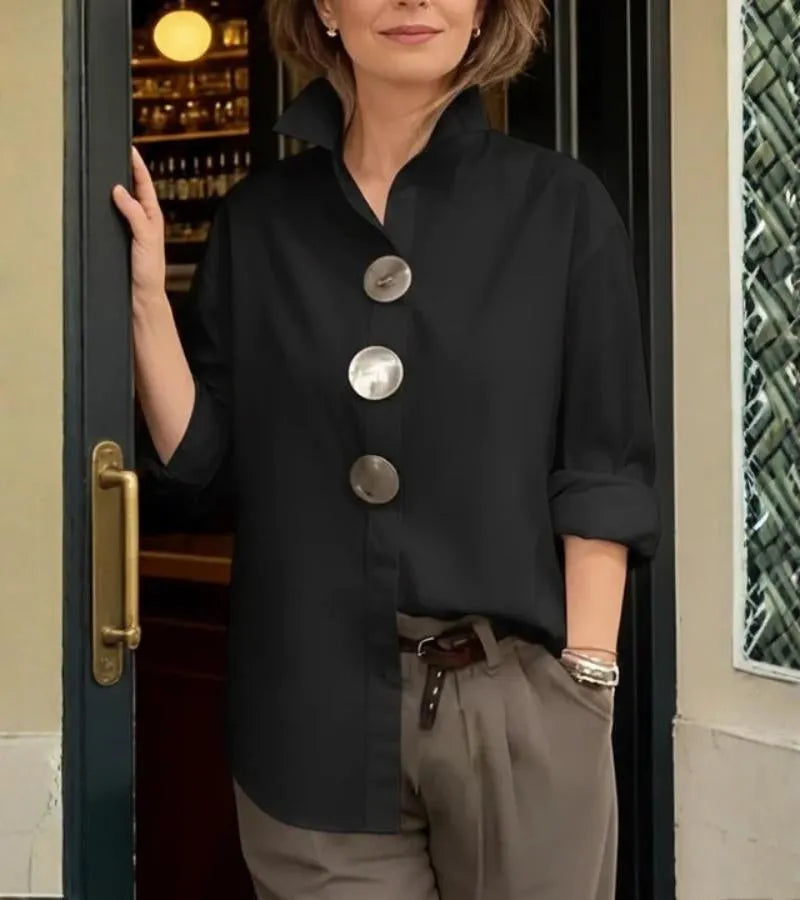 Women's Solid-Color Stand-Collar Long-Sleeve Shirt with Metal Buttons