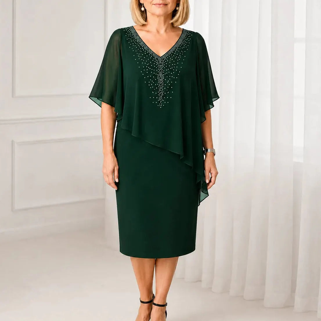 Rhinestone-Embellished V-Neck Chiffon Midi Dress with Cape-Style Sleeves
