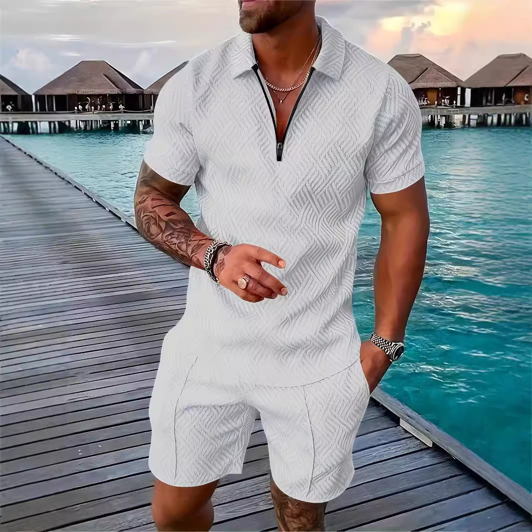 💕Summer Hot Sale -Men's casual Polo zipper lapel shirt short sleeve suit