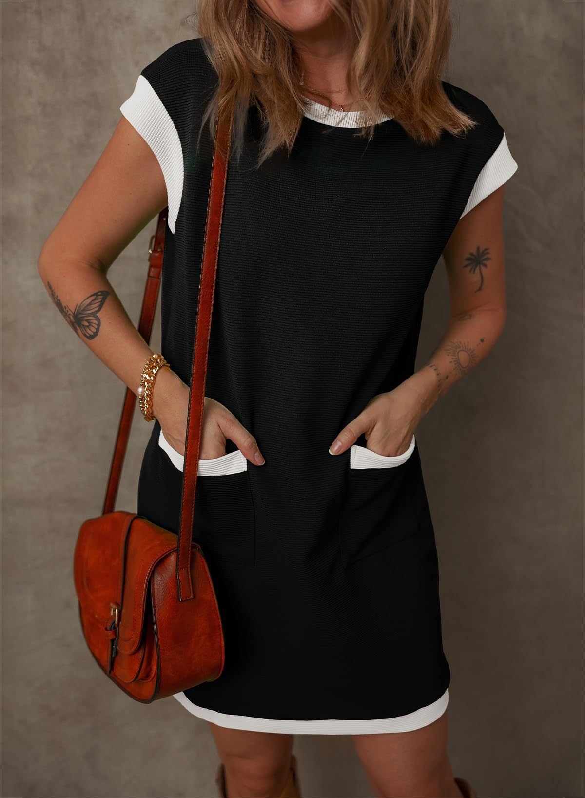 😍 Casual Cap Sleeve Color Block Shift T-shirt Dress with Pockets 💥