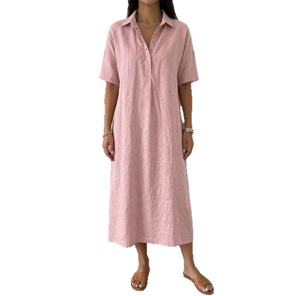 ✨✨Women's casual cotton and linen polo shirt midi dress