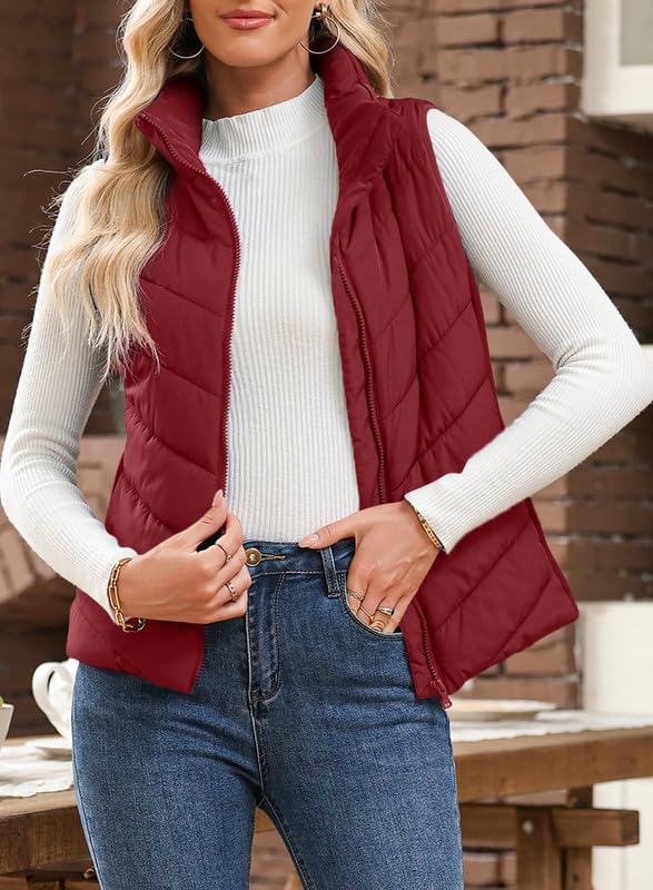 Womens Sleeveless Zip Up Outerwear Stand Collar Quilted Puffer Vest