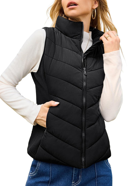 Womens Sleeveless Zip Up Outerwear Stand Collar Quilted Puffer Vest