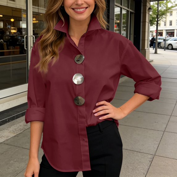 Women's Solid-Color Stand-Collar Long-Sleeve Shirt with Metal Buttons