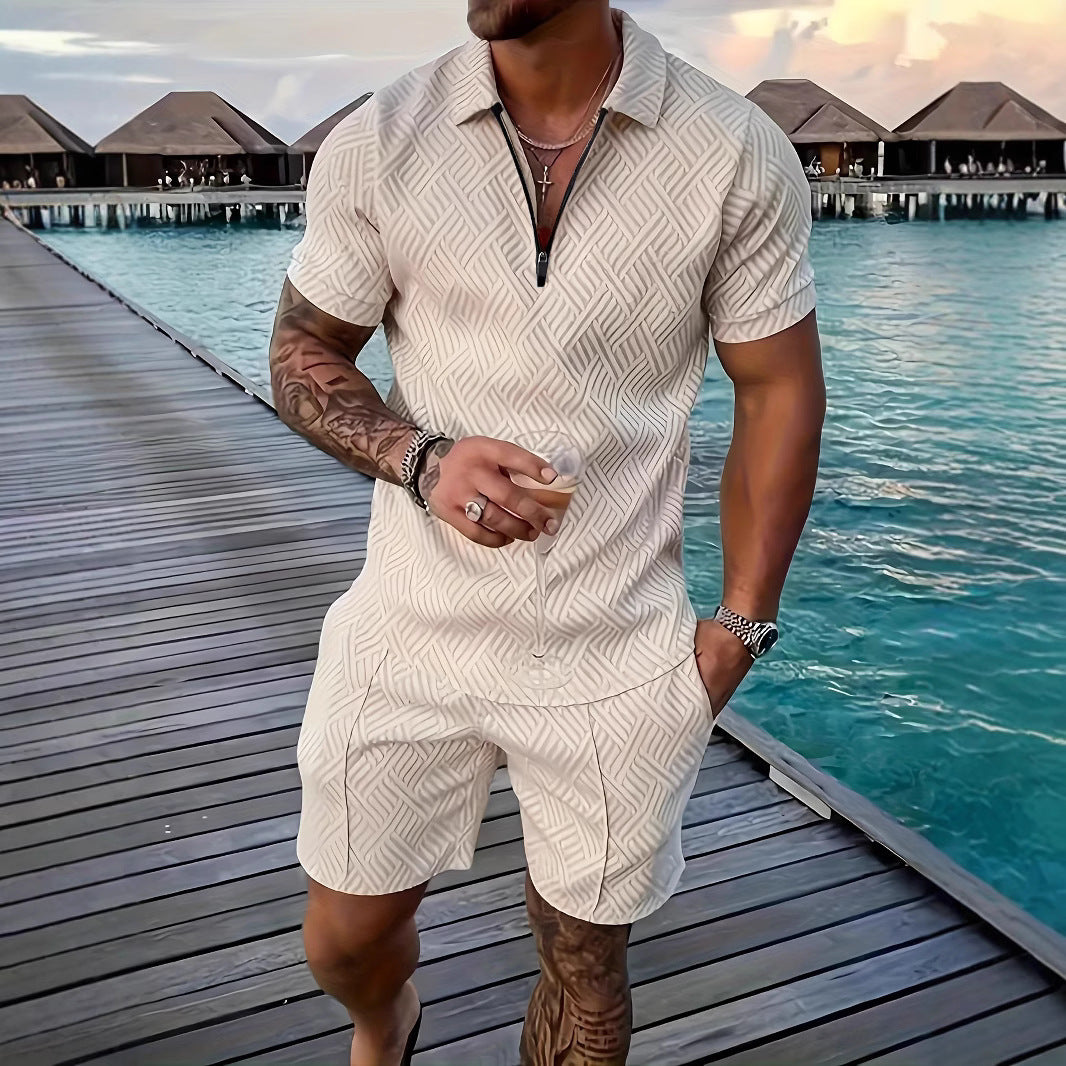 💕Summer Hot Sale -Men's casual Polo zipper lapel shirt short sleeve suit