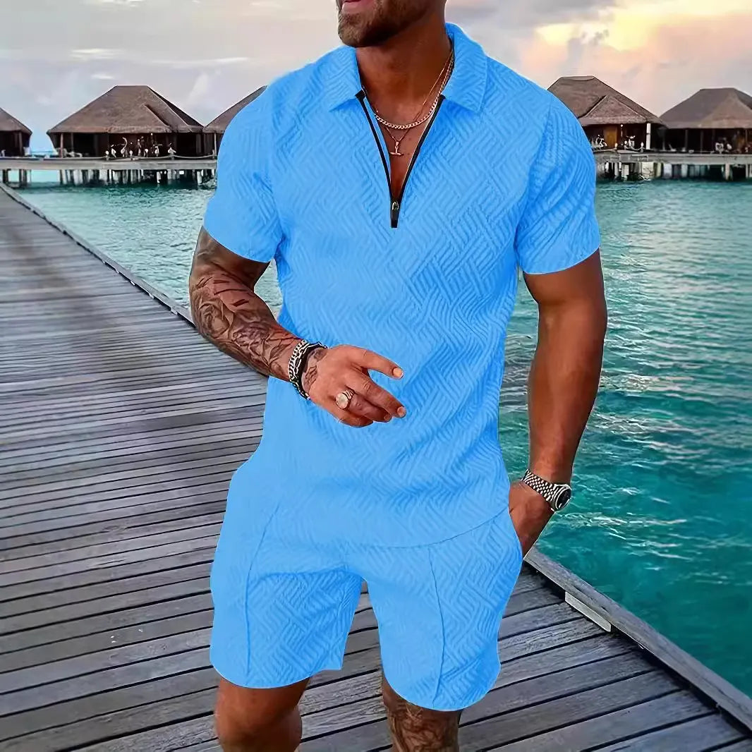 💕Summer Hot Sale -Men's casual Polo zipper lapel shirt short sleeve suit
