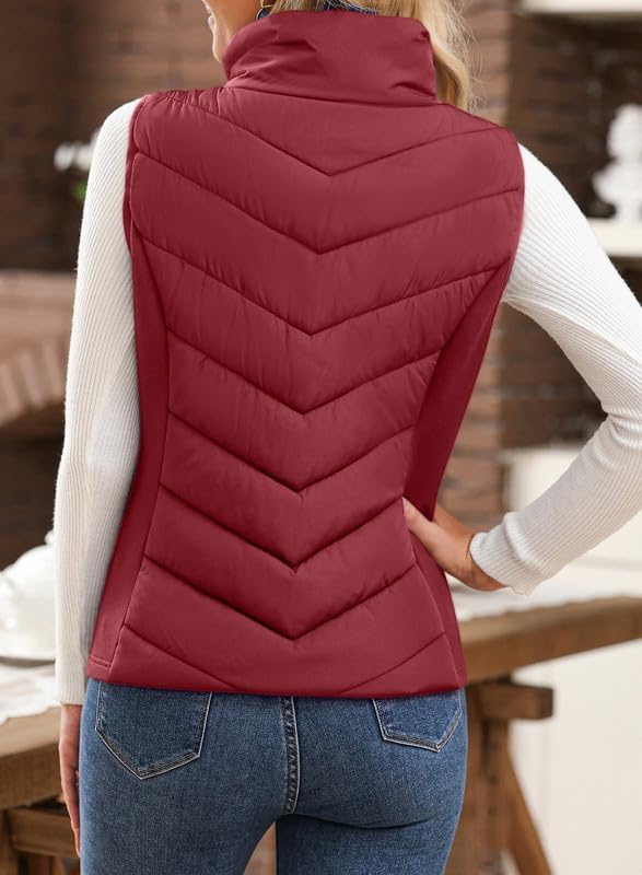 Womens Sleeveless Zip Up Outerwear Stand Collar Quilted Puffer Vest