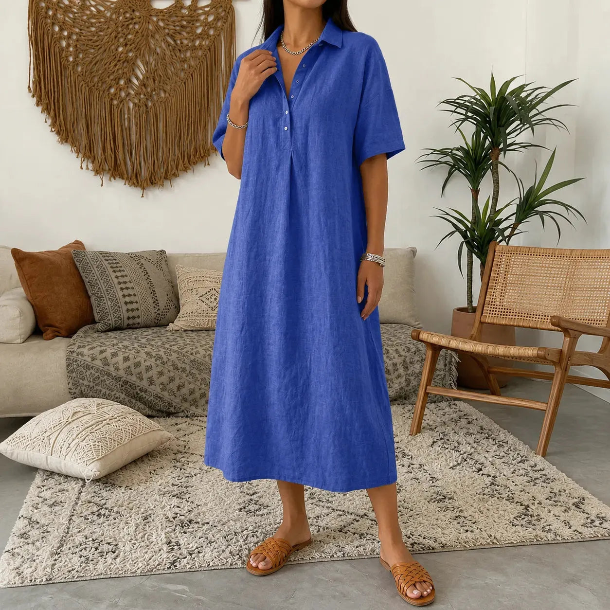 ✨✨Women's casual cotton and linen polo shirt midi dress