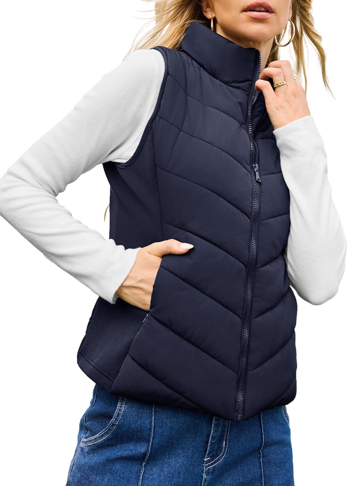 Womens Sleeveless Zip Up Outerwear Stand Collar Quilted Puffer Vest