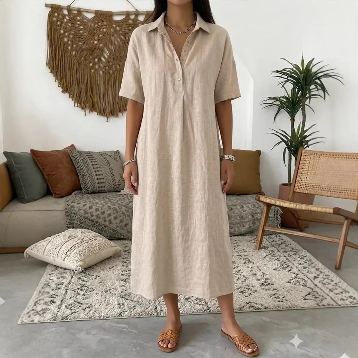 ✨✨Women's casual cotton and linen polo shirt midi dress
