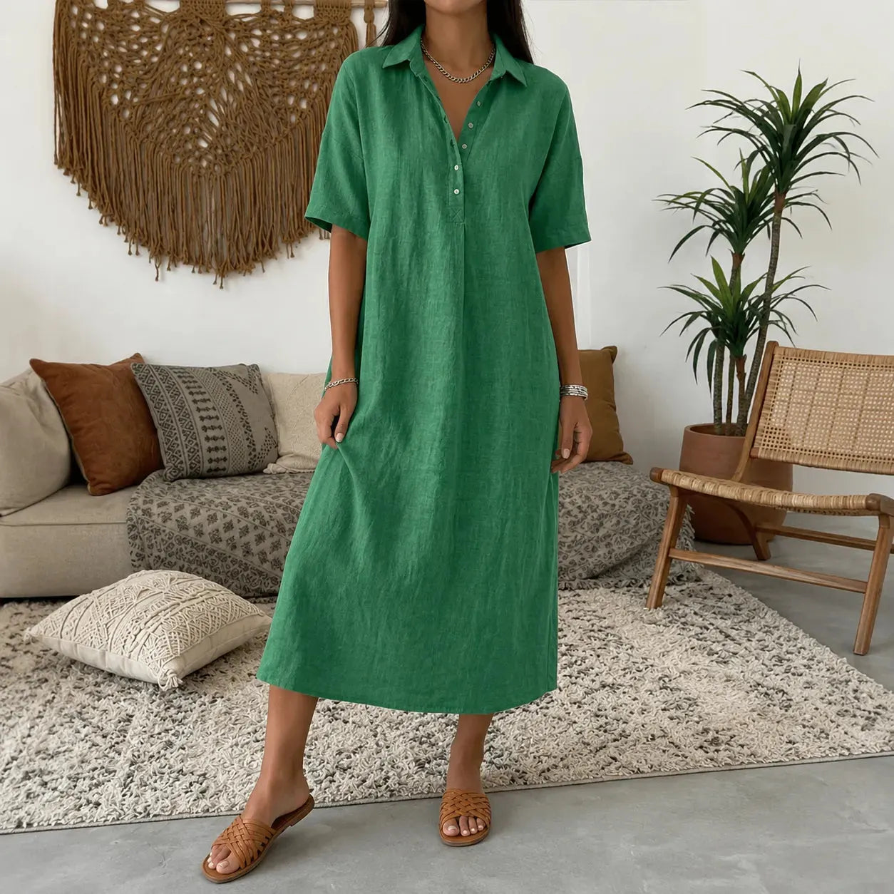 ✨✨Women's casual cotton and linen polo shirt midi dress