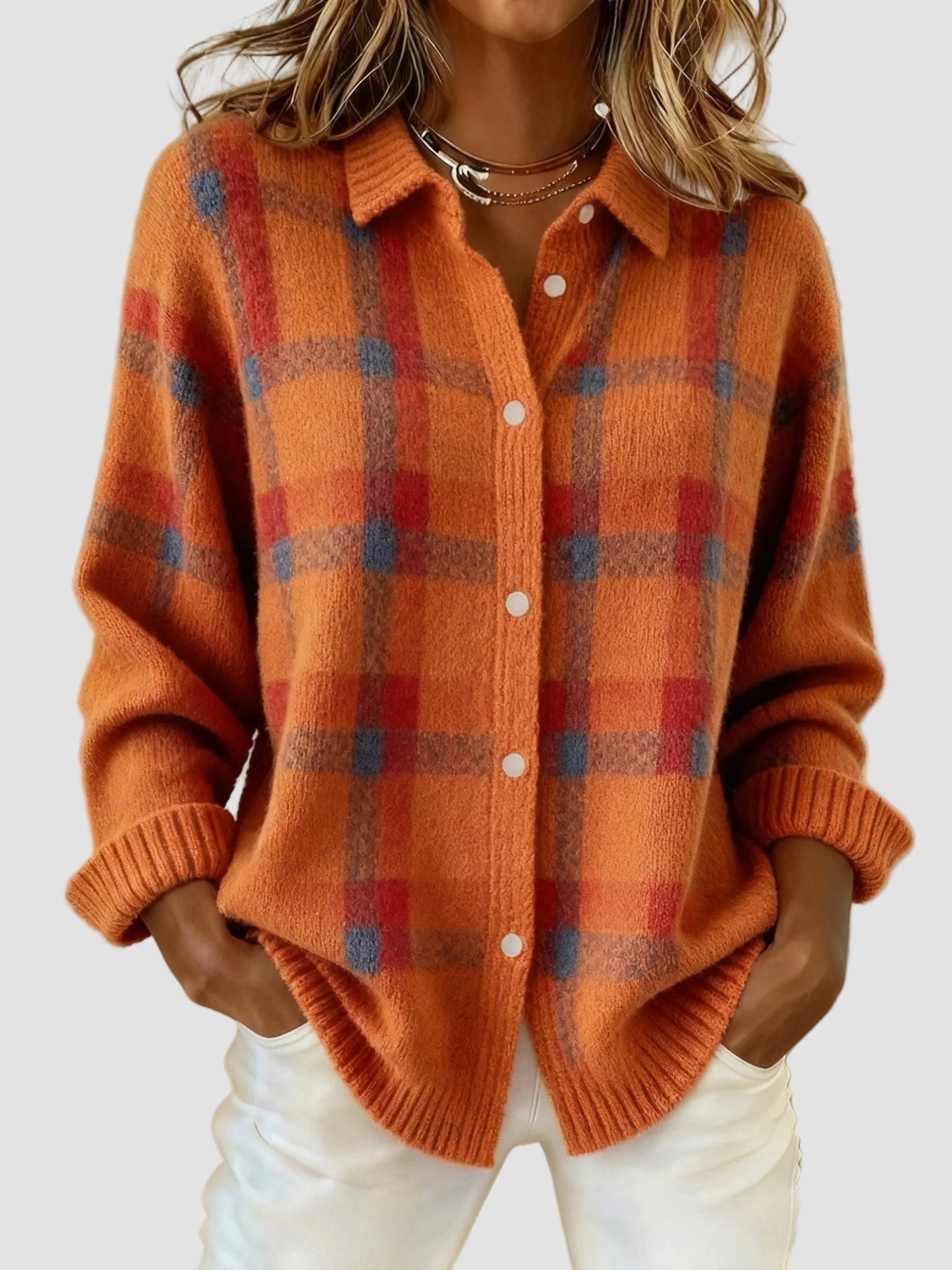 Plaid Button-Up Knit Sweater
