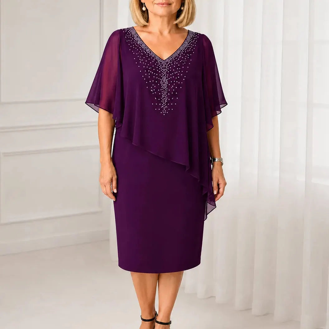 Rhinestone-Embellished V-Neck Chiffon Midi Dress with Cape-Style Sleeves