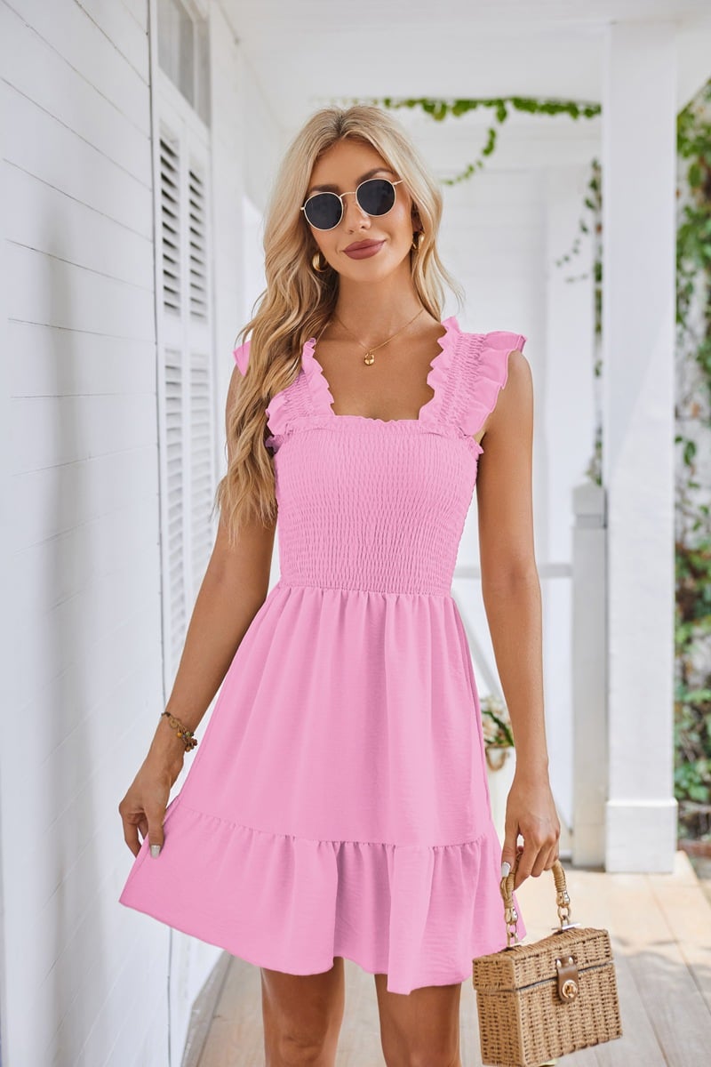 2025 Summer Casual Sleeveless Square Neck Smocked Ruffle Backless Beach Dress