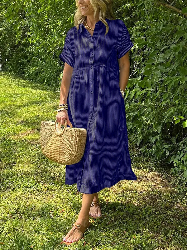💕Classic striped collared button-down casual shirt dress