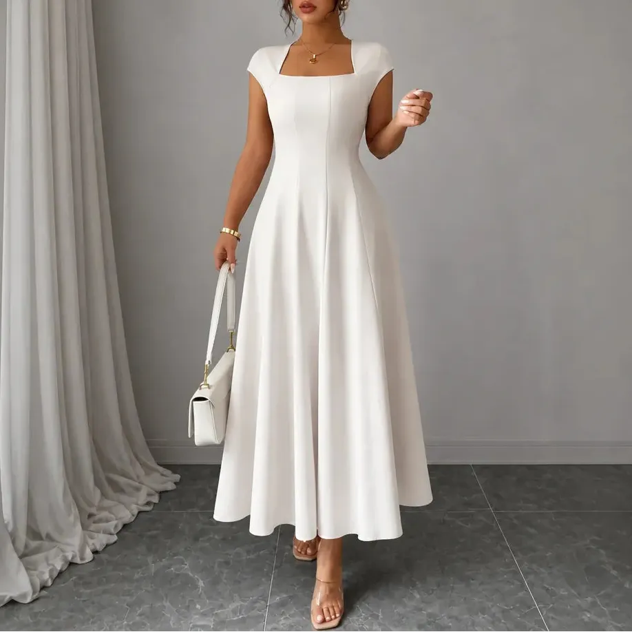 💃Women's Solid-Color Square-Neck A-Line Midi Dress