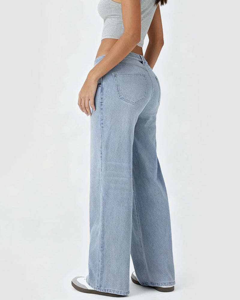 Asymmetric Low Rise Zipper Pockets Baggy Wide Leg Washed Casual Jeans