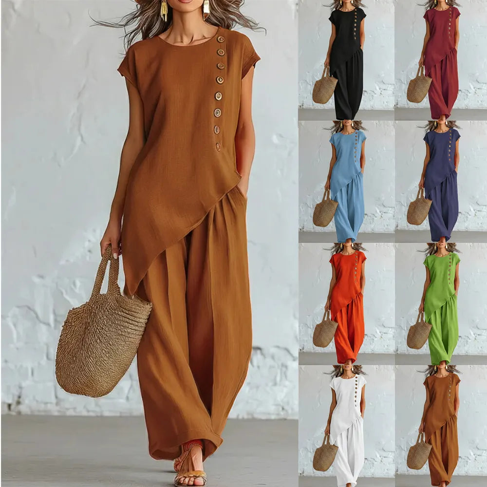 A round-neck, asymmetrical short-sleeved top and wide-leg trousers set with wooden buttons