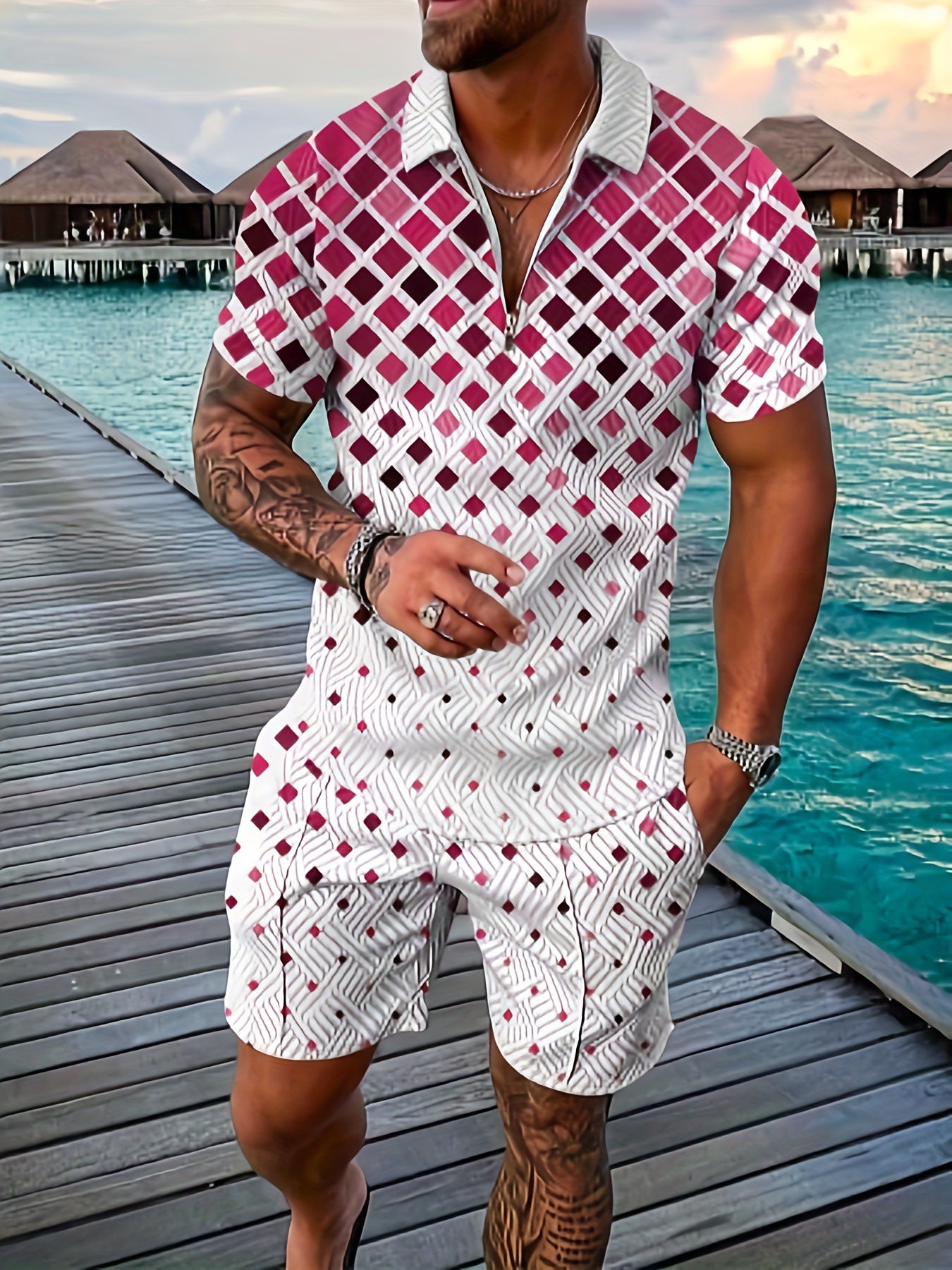 💕Summer Hot Sale -Men's casual Polo zipper lapel shirt short sleeve suit
