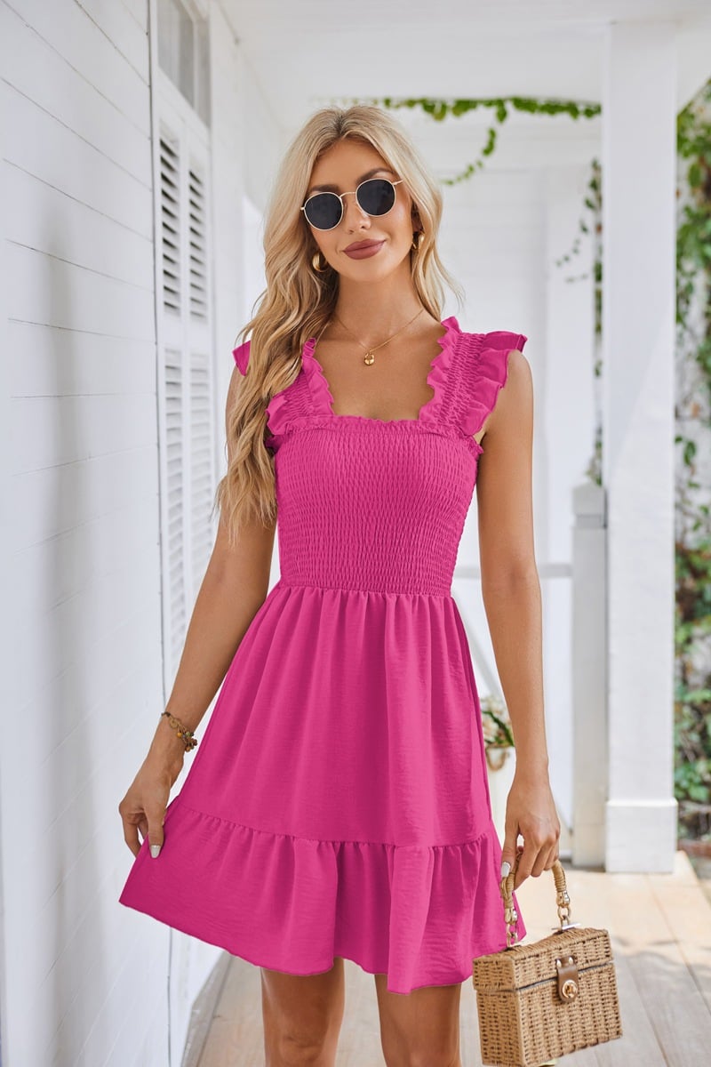 2025 Summer Casual Sleeveless Square Neck Smocked Ruffle Backless Beach Dress