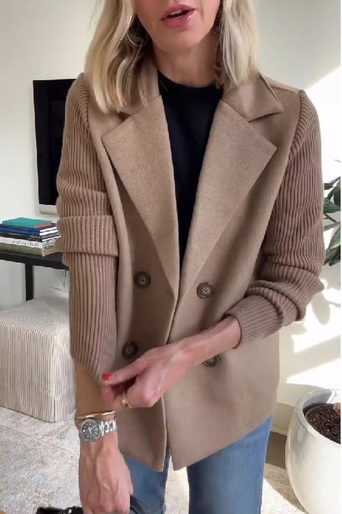 Lapel Knitted Patchwork Sleeve Casual Coat