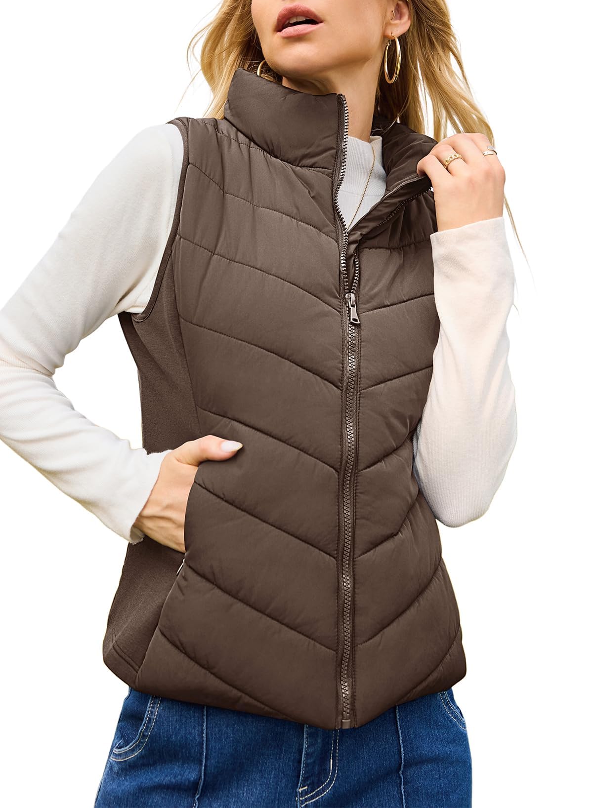 Womens Sleeveless Zip Up Outerwear Stand Collar Quilted Puffer Vest