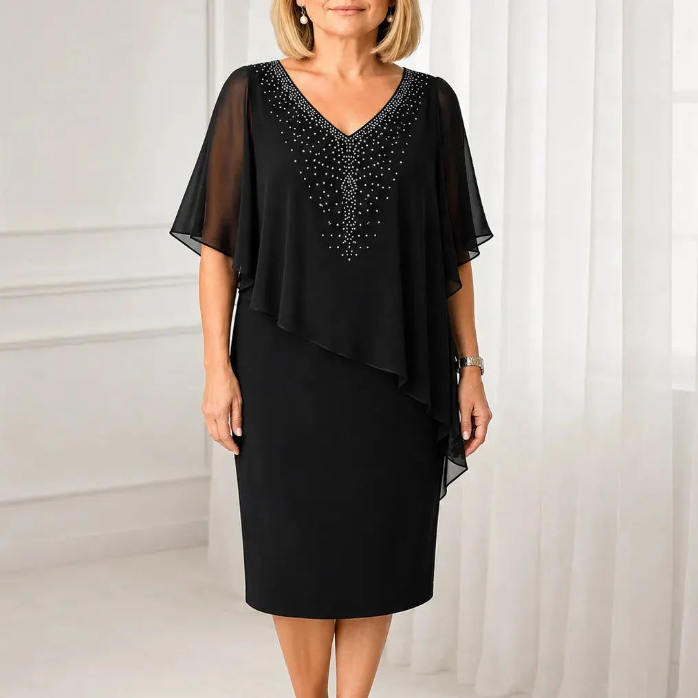 Rhinestone-Embellished V-Neck Chiffon Midi Dress with Cape-Style Sleeves