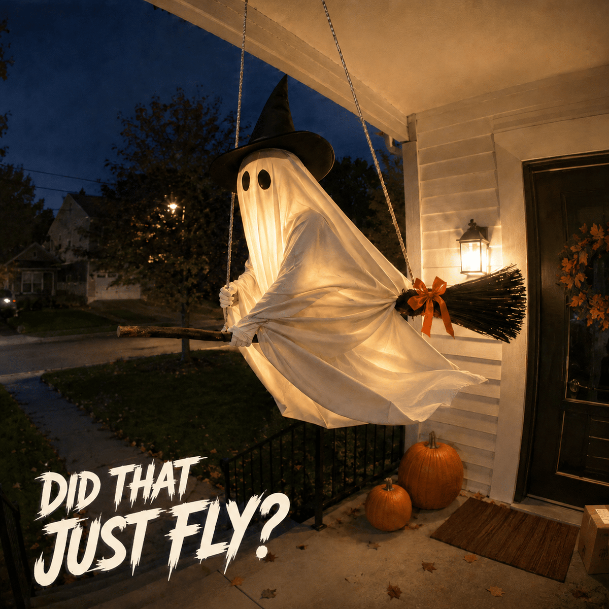 👻🧹Glowing Ghost Riding a Flying Witch's Broomstick
