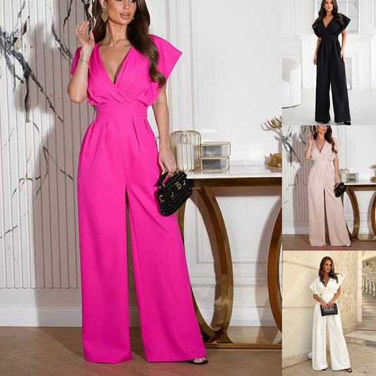 👗 Women’s V - Neck Wide - Legged Jumpsuit | One - Piece Chic & Comfort