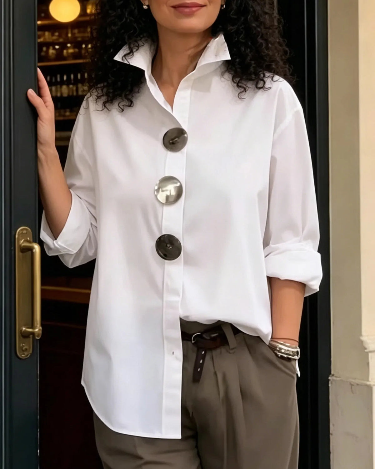 Women's Solid-Color Stand-Collar Long-Sleeve Shirt with Metal Buttons