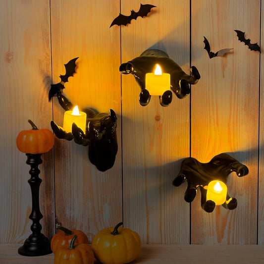 Life-Size Creepy Hands Wall Decor – 3-Piece Set with LED Candles for Gothic Halloween