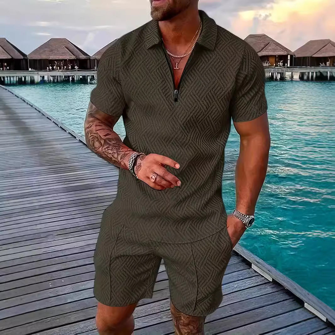 💕Summer Hot Sale -Men's casual Polo zipper lapel shirt short sleeve suit