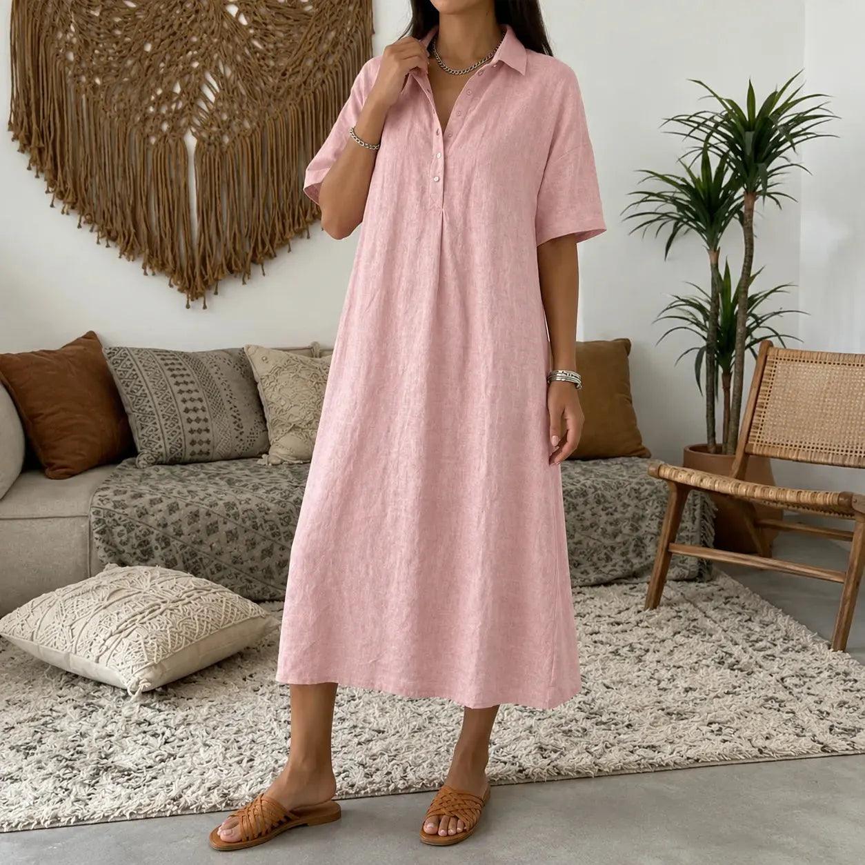✨✨Women's casual cotton and linen polo shirt midi dress