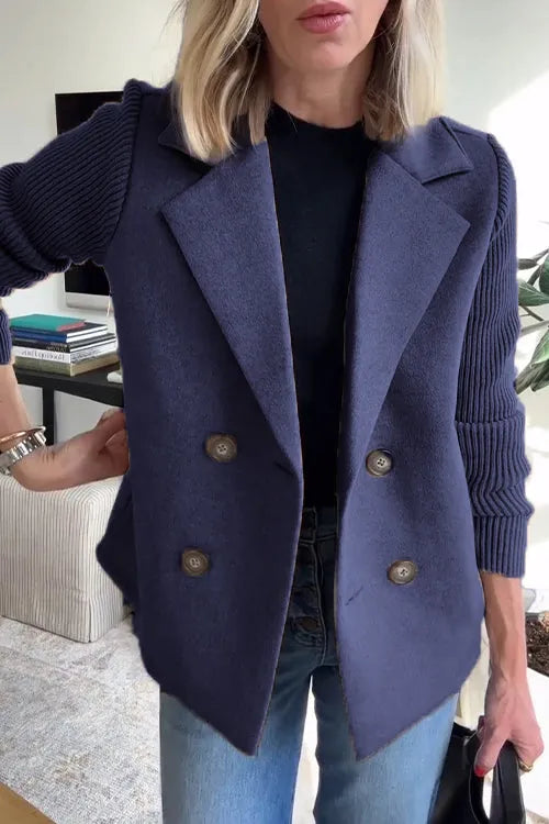 Lapel Knitted Patchwork Sleeve Casual Coat