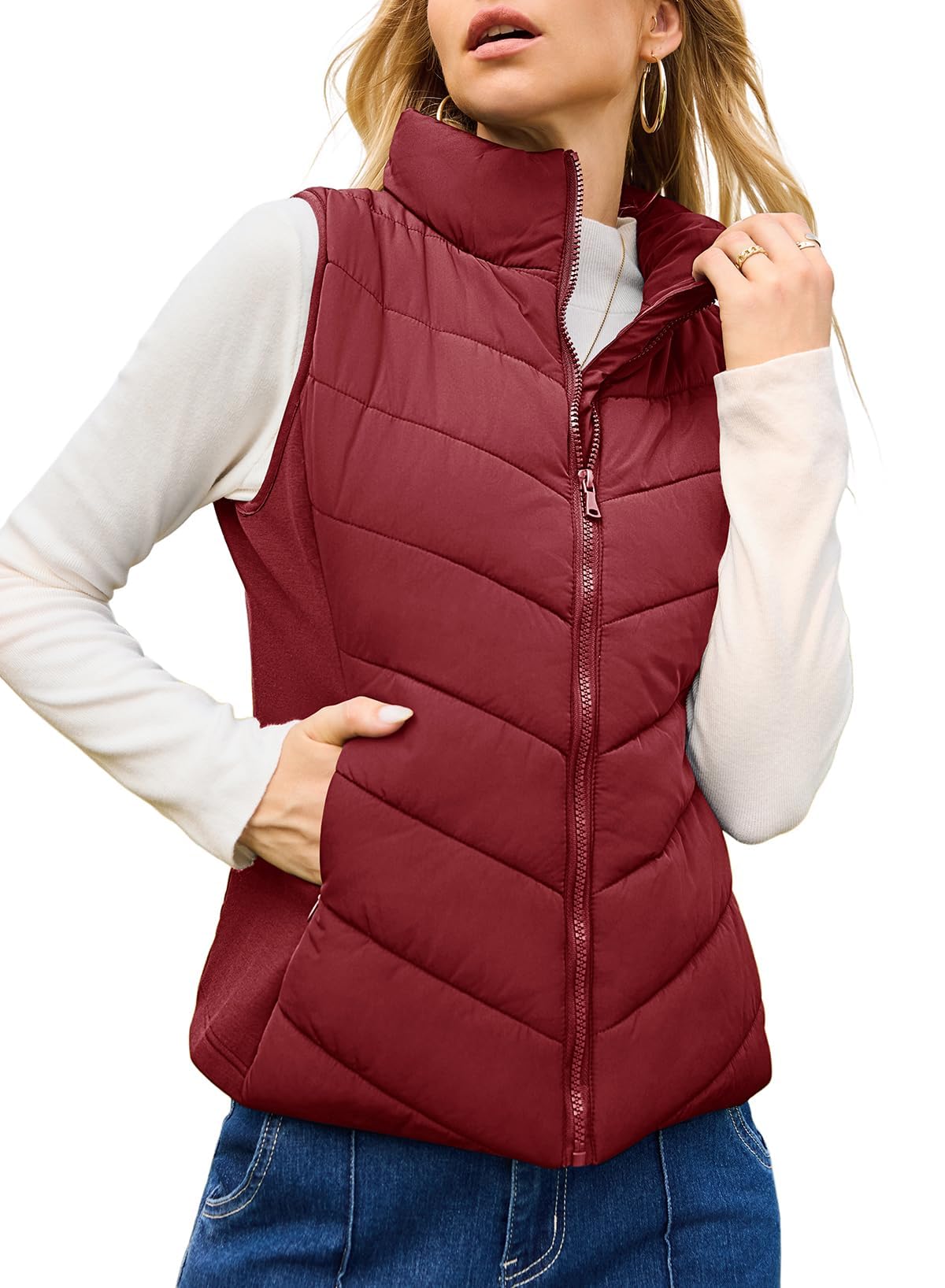 Womens Sleeveless Zip Up Outerwear Stand Collar Quilted Puffer Vest
