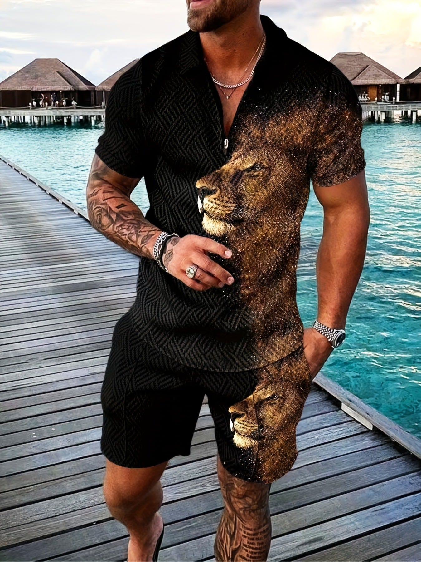 💕Summer Hot Sale -Men's casual Polo zipper lapel shirt short sleeve suit