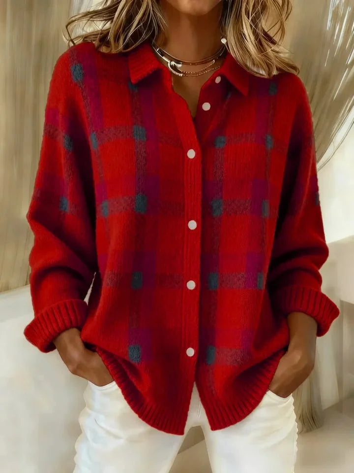 Plaid Button-Up Knit Sweater