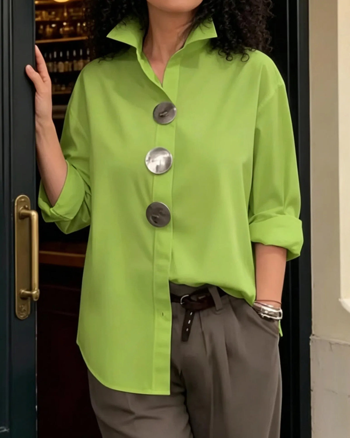 Women's Solid-Color Stand-Collar Long-Sleeve Shirt with Metal Buttons