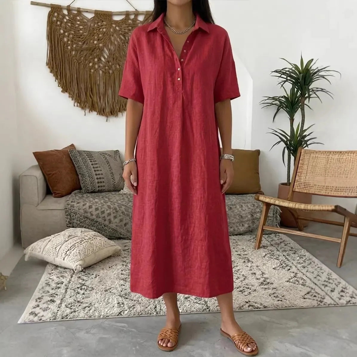 ✨✨Women's casual cotton and linen polo shirt midi dress